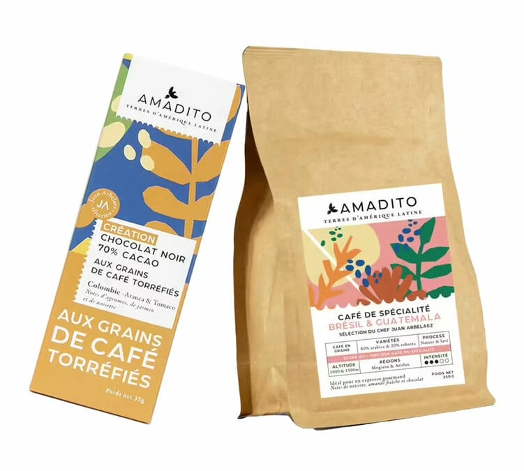Pack Café En Grain & Chocolat 70 % Cacao (grains De Café Torréfiés) - AMADITO 3 Pack Café En Grain & Chocolat 70 % Cacao (grains De Café Torréfiés) - AMADITO